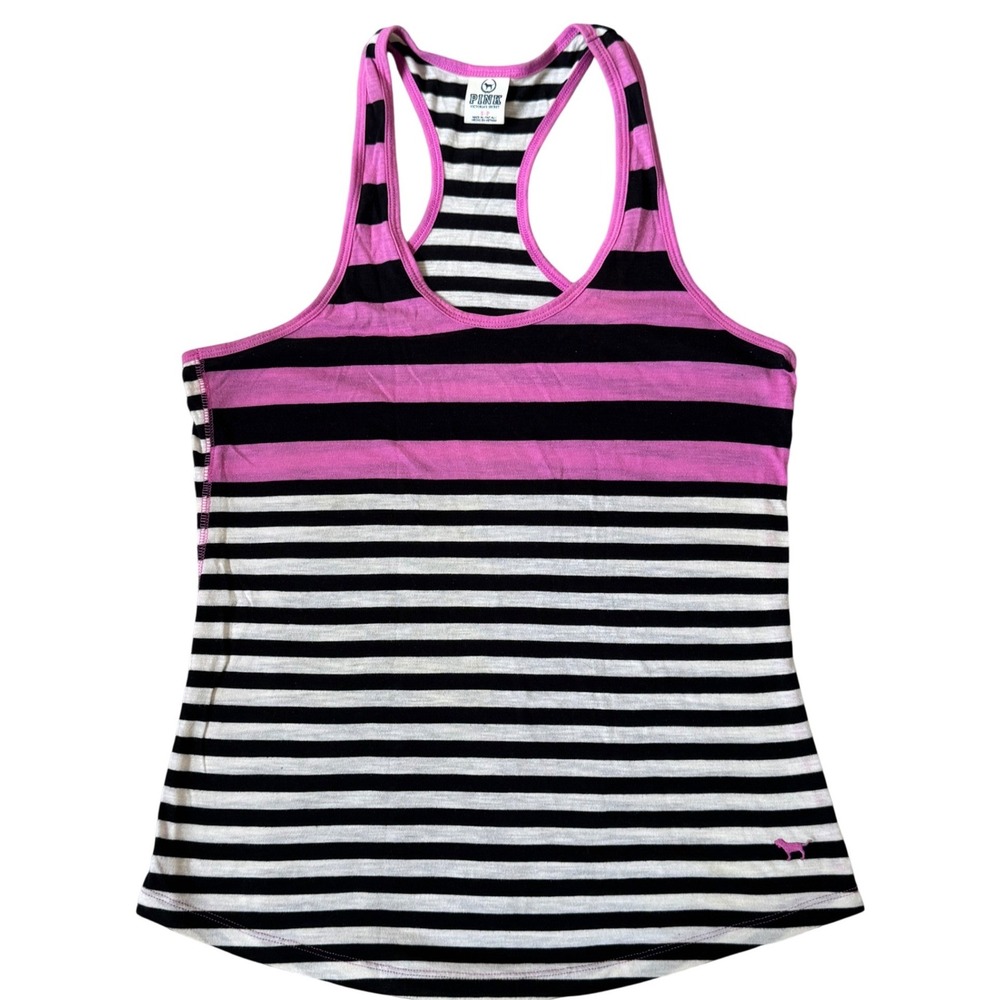 Y2K Pink Victoria's Secret Racerback Tank Top Striped Black White Pink‎ Small
